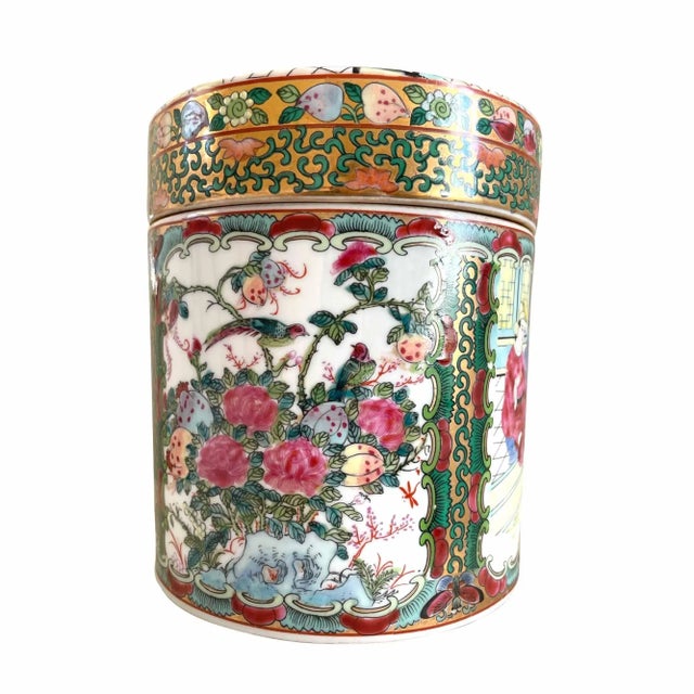 Chinoiserie Vintage Famille Rose Hand-Painted Porcelain Spice Jar/Decorative Tea Jar With Lid For Sale - Image 3 of 11