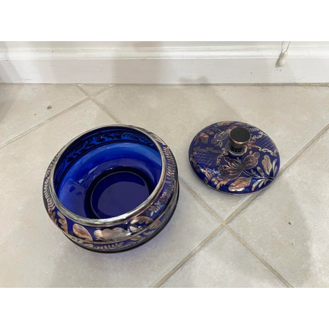 Early 20th Century Blue Glass & Silver Floral Overlay Bowl With Lid For Sale In West Palm - Image 6 of 7