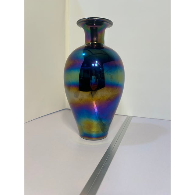 Art Nouveau Vintage 11" Iridescent Art Glass Vase in Cobalt Amethyst – Czech / Kralik Style For Sale - Image 3 of 13