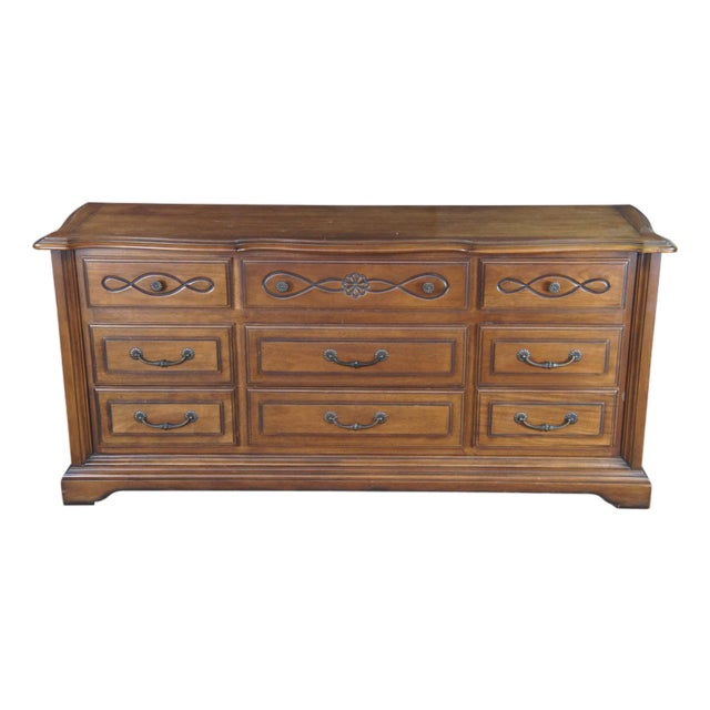 Vintage Century Furniture French Country Serpentine Oak Triple Dresser 68" For Sale