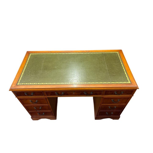 Vintage English Style Pedestal Desk with Green Leather Top For Sale - Image 3 of 5