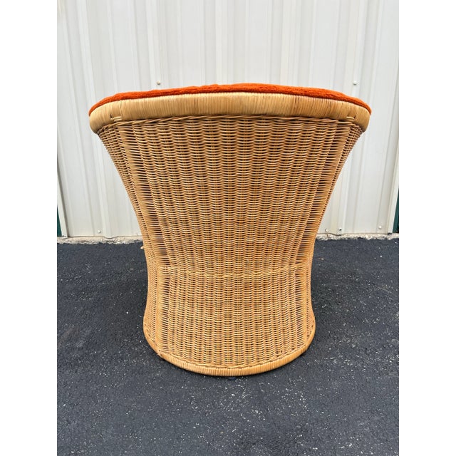 1960's Sculptural Rattan Barrel Chairs in Original Orange Chenille- A Pair For Sale - Image 9 of 12