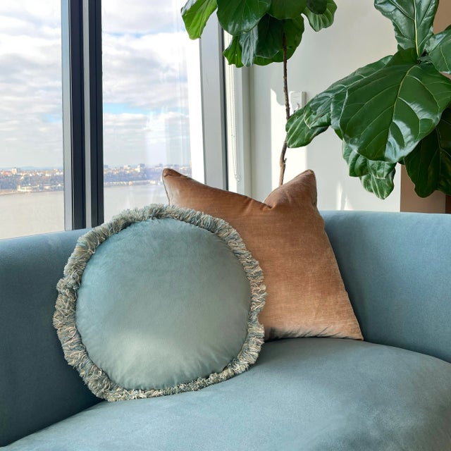 The Macaron, Fringed Velvet Circle Pillow, Teal For Sale In New York - Image 6 of 7