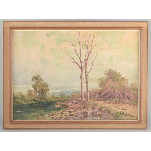 Ilio Giannaccini (1897-1968) Landscape with road and cart driver. Oil on canvas. Atmospheric landscape painting depicting...