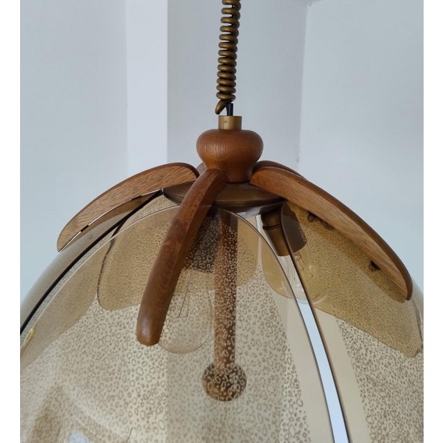 Brown Mid-Century Modern Pendant Light in Wood and Glass by Hustadt Leuchten, Germany, 1970s For Sale - Image 8 of 18