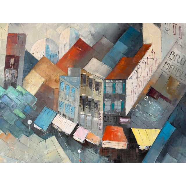 1970’s Mid-Century Impressionist Geometric Abstract Cityscape Oil on Canvas Painting, Framed For Sale - Image 9 of 12