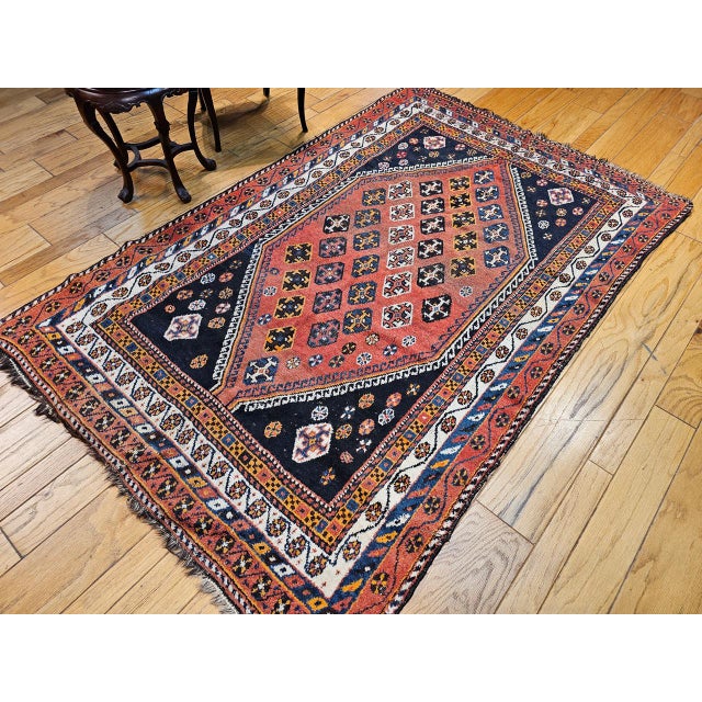 Red Vintage Qashqai Tribal Area Rug, Hand-Knotted Wool, Geometric Pattern, 5x7, Rust & Navy For Sale - Image 8 of 16