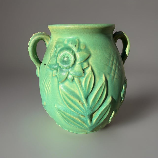 Green Weller Art Pottery Vase Matte Green Floral Twin Handle Arts And Crafts 1920s For Sale - Image 8 of 10