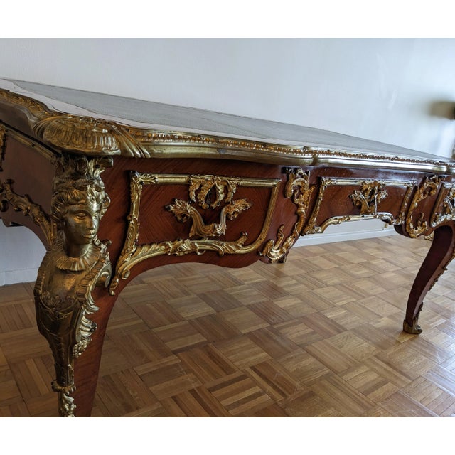 19th Century Luxuriance! An Antique French Bureau Plat, From Late 19th Century, Featuring Ornate Gilt-Bronze Mounts Louis XV Style For Sale - Image 5 of 17