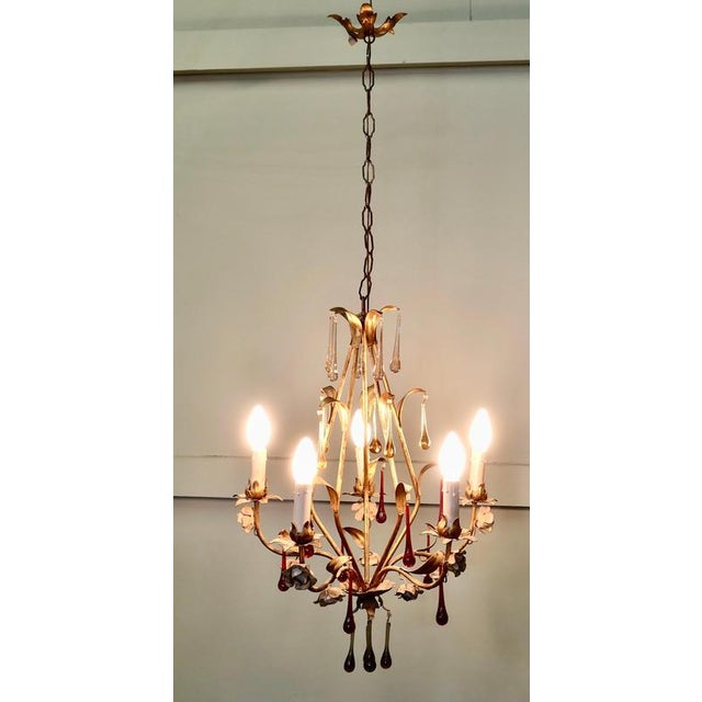 French Chandelier Hung with Coloured Crystal Teardrops This is a stunning piece, the age gilded toleware frame is hung...