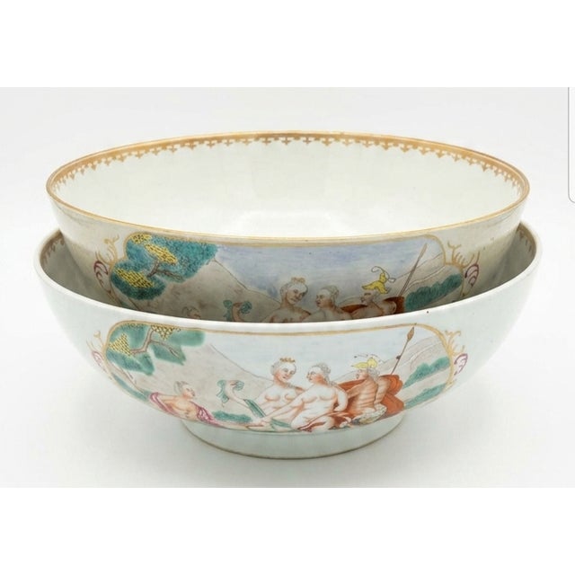 18th Century Chinese Export Famille Rose "Judgement of Paris" Punchbowl For Sale - Image 4 of 8