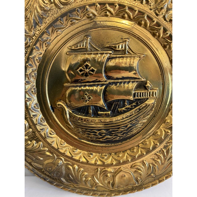 Pair of Vintage English Embossed Brass Ship Plates For Sale - Image 10 of 13