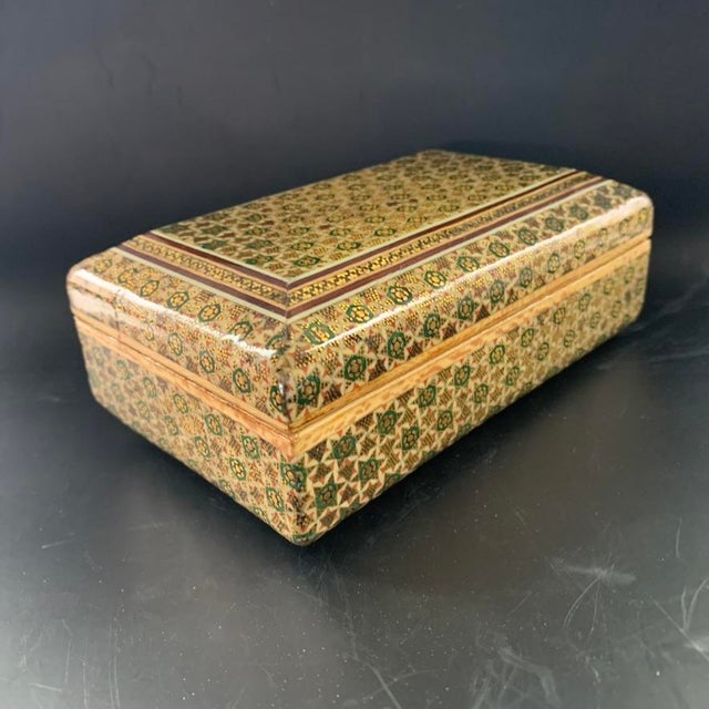 Brown Persian Geometric Inlay Khatamkari Wood Trinket Box Lidded Rectangle For Sale - Image 8 of 10