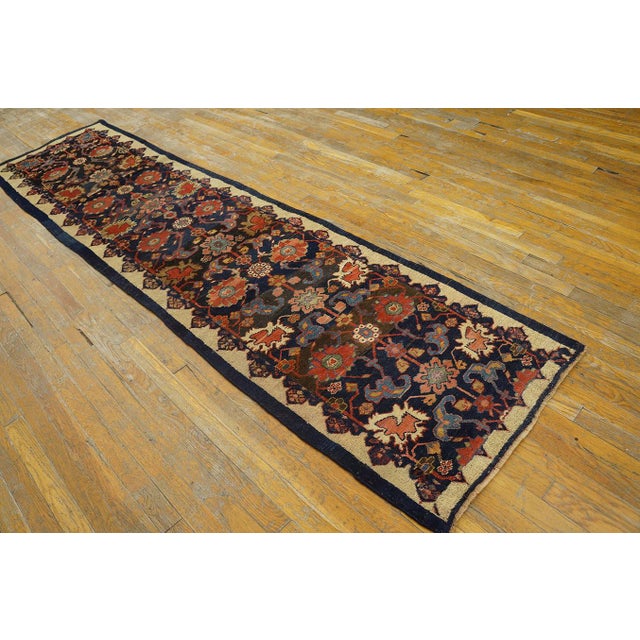 Persian 1880s Blue Navy Floral Antique W. Persian Bijar Rug 2'4'' X 9'9'' Handknotted Wool Carpet For Sale - Image 3 of 17