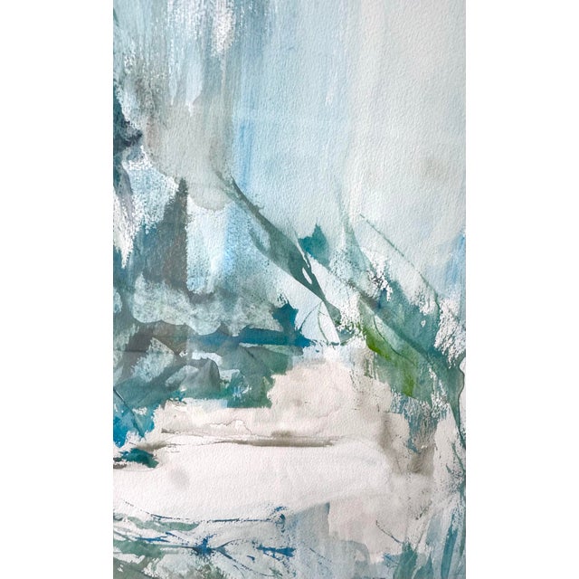 Paint Large Abstract Original Painting Watercolor Triptych Blue Green Coastal Wall Art Modern Signed Framed For Sale - Image 7 of 12