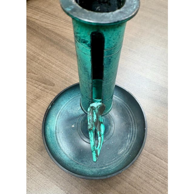 Vintage Oxidized Brass Candlestick With Candle Push Handle For Sale In Miami - Image 6 of 12