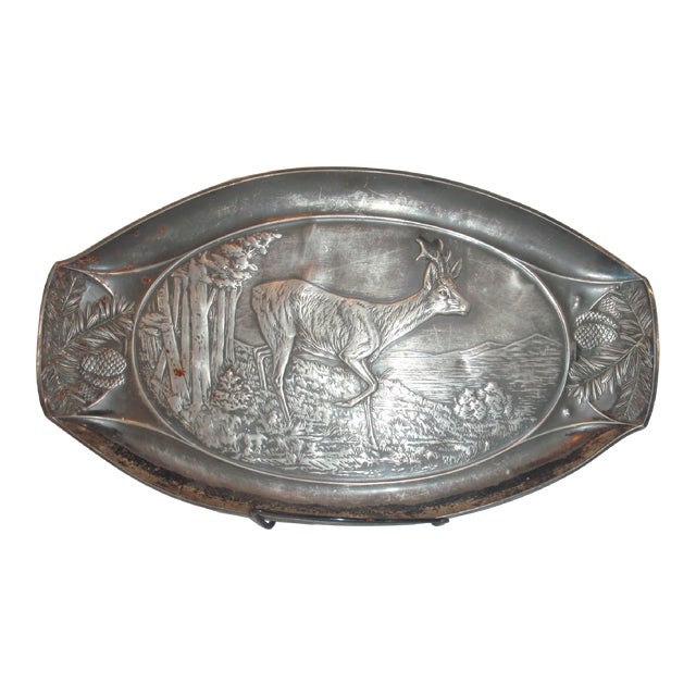 Large Oval Vintage Pewter Platter With Roe Deer in Mountains With Pinecone Edge For Sale