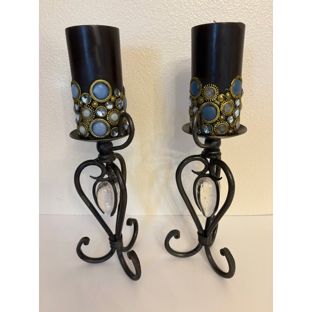 Metal 1970s Wrought Iron Candle Holders W/Whimsical Candles - A Pair For Sale - Image 7 of 7
