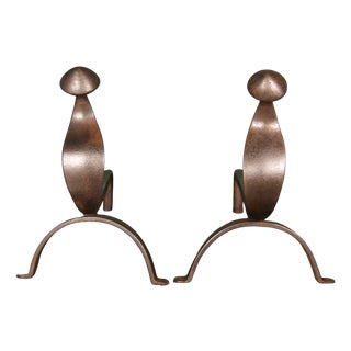 Large Swan-Neck Wrought Fireplace Andirons, 1890, Set of 2 For Sale