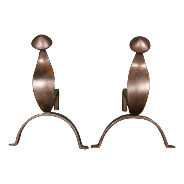 Large Swan-Neck Wrought Fireplace Andirons, 1890, Set of 2 For Sale