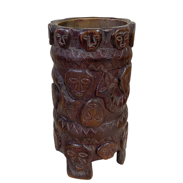 African Vintage Circa 1960 Hand Carved Wood African Vase 6.5" H For Sale - Image 3 of 9