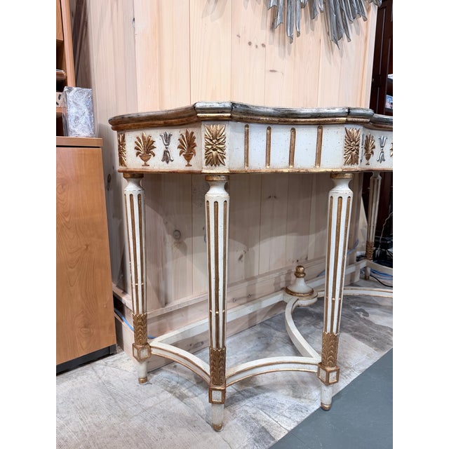 Vintage Louis XVI Style Painted Demi Lune Console Table With Gilt Accents For Sale - Image 4 of 8