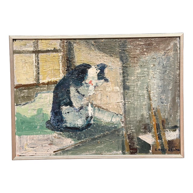 Stig Rosell, The Cat in the Window, 1950s, Oil on Canvas, Framed For Sale