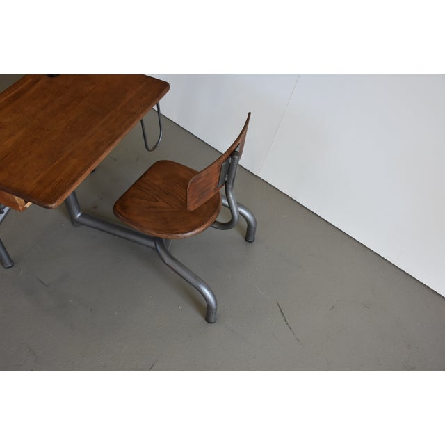 Vintage French Oak and Steel Tube Children's School Desk with Chair, 1930s For Sale - Image 6 of 9