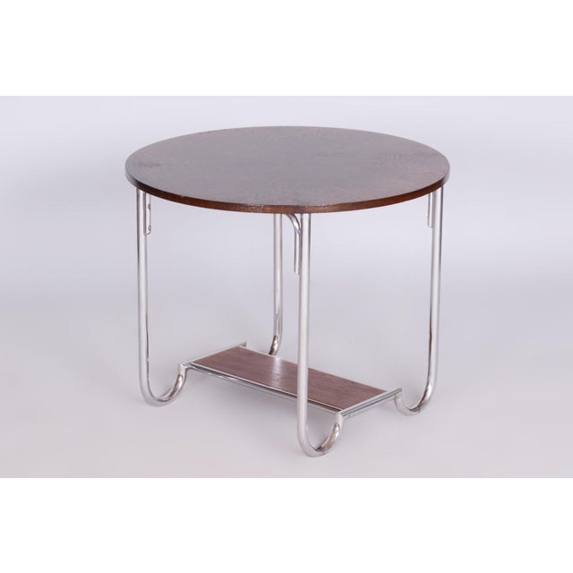 Small Czech Bauhaus Round Oak and Chrome-Plated Steel Side Table, 1930s For Sale - Image 10 of 10