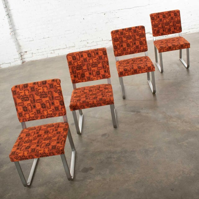 Art Deco to Streamline Modern Railroad Dining Car Chairs in Stainless Steel & Orange Abstract Upholstery For Sale - Image 6 of 12