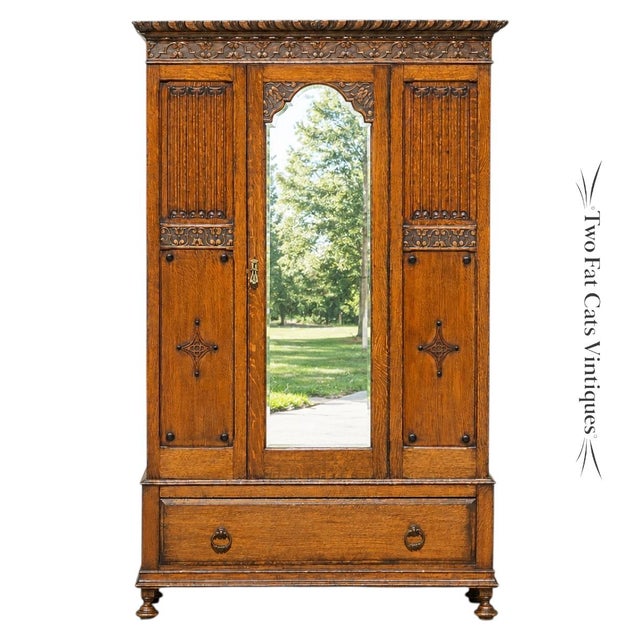 Antique Victorian Oak Wardrobe | Armoire | 3-Piece Knockdown | Beveled Mirror | Key | 19th Century For Sale - Image 4 of 18
