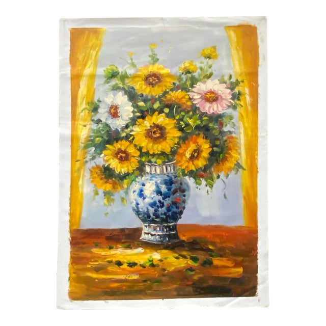 Impasto Oil Paint Canvas Art Sunflowers Bw Vase Scroll Painting For Sale