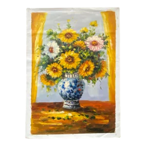 Impasto Oil Paint Canvas Art Sunflowers Bw Vase Scroll Painting