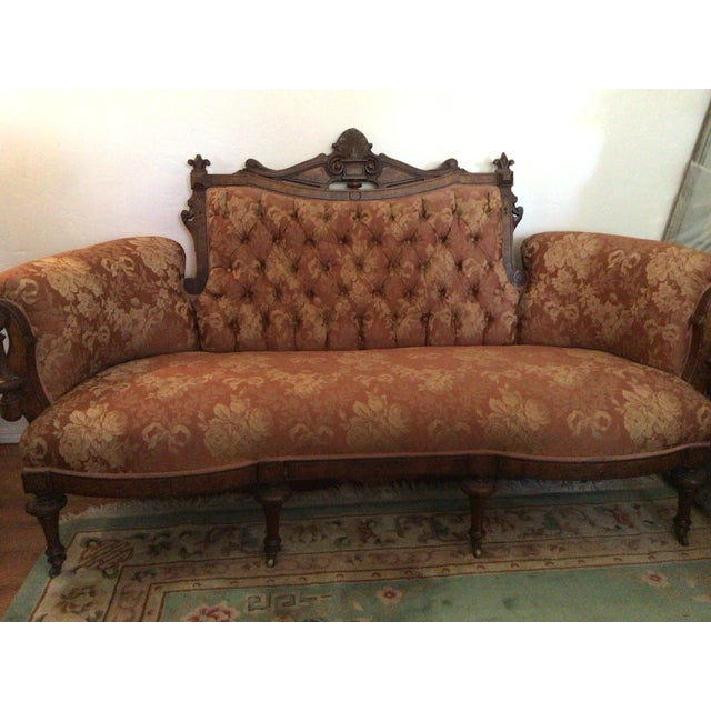Ornate Antique Victorian - Style Carved Wood Sette and Two Matching Chairs For Sale - Image 4 of 16