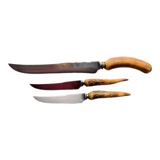 Vintage Midcentury Sheffield England Stag Handle 2 Steak Knives , 1 Carving Knife For Sale
