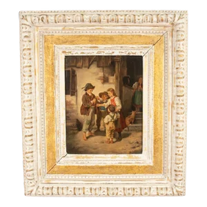 Early 19th Century Belgian Oil on Panel by André Collin (Belgian, 1862-1930) "Children's Tender Moment: Feeding a Bird "