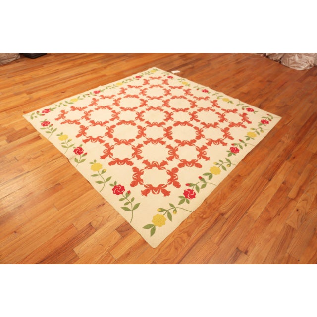 Geometric Patterned Ivory Floral Trim Antique American Wreath Quilt Textile, Country of Origin: America, Circa Date:...