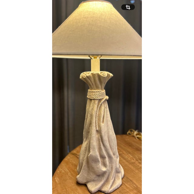 Authentic Tall “Pieri Tullio” 1995 Branded Pieri Creations “Draped Sack” Collectable Design Table Lamps- Pristine Pair With Original Shades For Sale - Image 11 of 11
