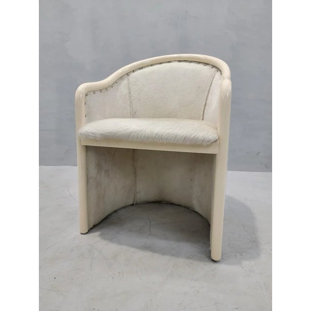 Mid-Century Modern Vintage Italian Cream Lacquer Barrel Back Occasional Chair Tonon Style Newly Reupholstered in Cowhide For Sale - Image 3 of 8