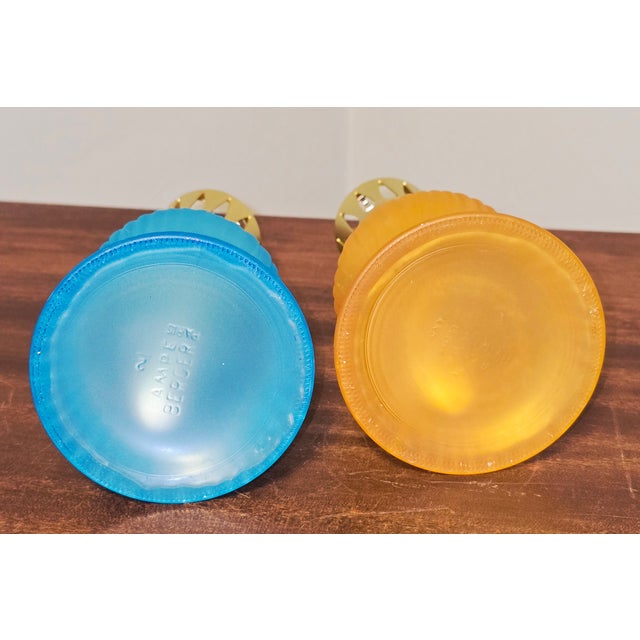 French Country Pair of Vintage Lampe Berger Paris Fragrance Lamps – Blue & Amber Glass For Sale - Image 3 of 5