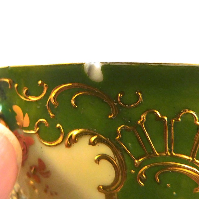 Green 1930s Dresden Covered Two Handle Dessert Cup and Underplate With Raised Gold Trim For Sale - Image 8 of 18