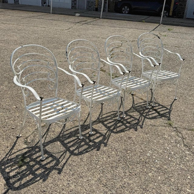 Late 20th Century Wrought Iron Scrolling Patio Dining Arm Chairs by Crown Leisure - Set of 4 For Sale - Image 14 of 18