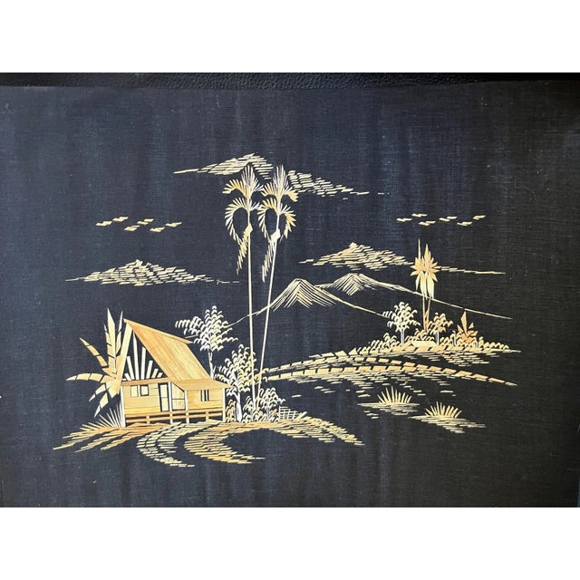 Black Vintage Indonesian Wheat Straw Art Panels - Mid Century Balinese Folk Art 15" - Set of 10 For Sale - Image 8 of 11