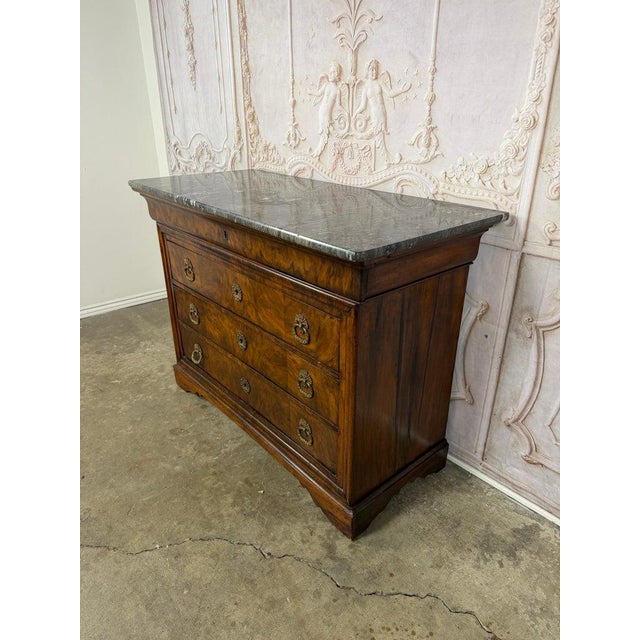 French Antique French Louis Philippe Burl Walnut Commode-Marble Top For Sale - Image 3 of 15