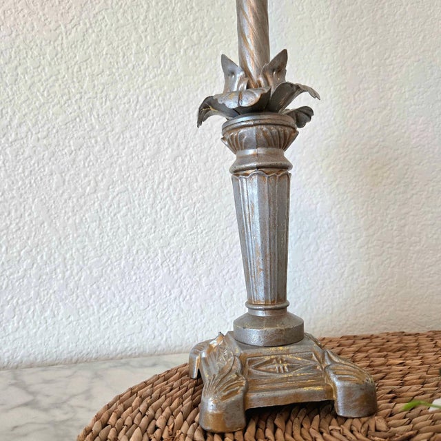 1970s Traditional Silver Metallic Table Lamp With Beige Bell Fringe Shade For Sale - Image 10 of 11