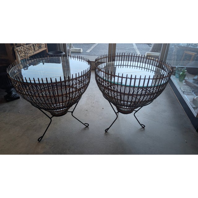 1960s Mid-Century Franco Albini Style Rattan, Iron & Glass Fish Trap Side Tables - A Pair For Sale - Image 12 of 14
