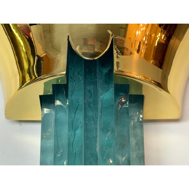 1980s Karl Springer Purcell Brass + Aqua Glass Sconces, Pair For Sale In San Francisco - Image 6 of 12