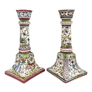 Pair of Hand-Painted Portuguese Faience Candlesticks by C. Melo With Birds, Dog, Castle & Deer – Folk Art / European Traditional For Sale