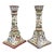 Pair of Hand-Painted Portuguese Faience Candlesticks by C. Melo With Birds, Dog, Castle & Deer – Folk Art / European Traditional For Sale
