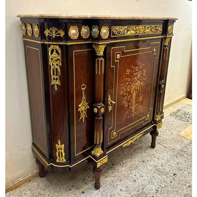 French Louis XVI Marble Top Sideboard Cabinet With Floral Marquetry, Bronze Ormolu & Hand-Finished Gold Leaf Details For Sale - Image 4 of 4